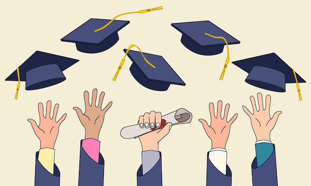 Las manos de los estudiantes lanzando sombreros de graduación en el aire Ilustración vectorial