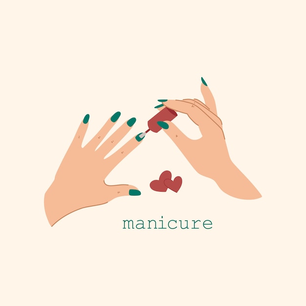 Manos femeninas y accesorios de manicura Ilustración vectorial dibujada a mano de uñas pintadas