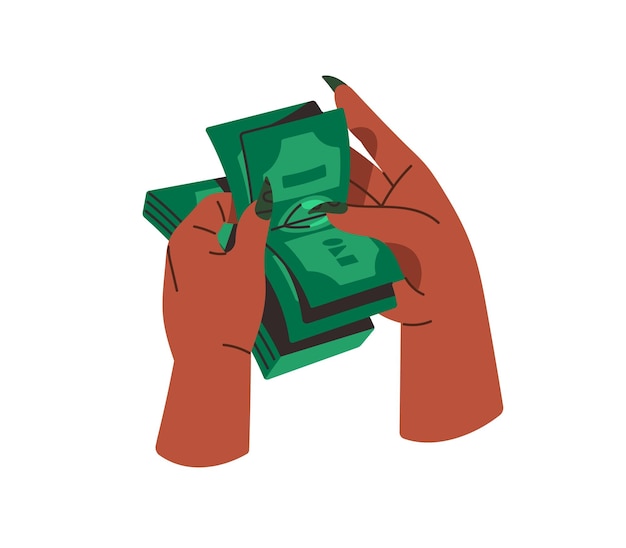 Las manos femeninas cuentan montones de dinero Una mujer rica sostiene una pila de billetes de dólar Una persona paga con billetes verdes Clips de efectivo Pago de divisas Ahorros financieros Ilustración de vector aislado plano en blanco