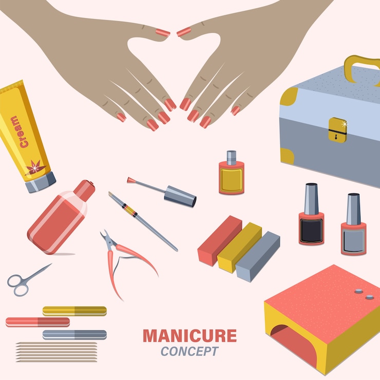 Vector manos femeninas cuidadas. con tijeras de uñas, esmalte, crema. concepto de estudio de uñas, salón.