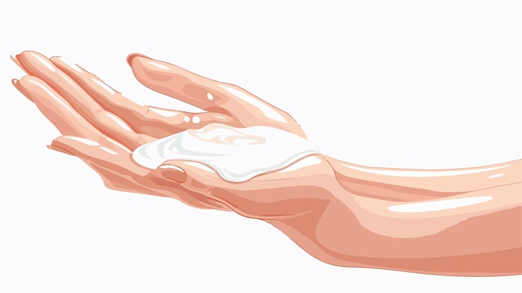 Vector manos femeninas elegantes aplicando crema sobre un fondo blanco