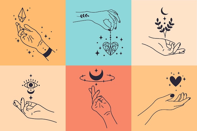 Manos femeninas. Gestos con las manos mínimos dibujados a mano. Brazos femeninos con cristal, corazón y flor ilustración vectorial