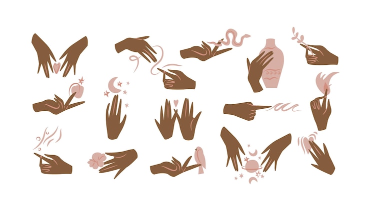 Vector manos femeninas de ilustración vectorial en diferentes gestos símbolo abstracto para cosméticos