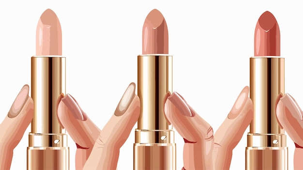 Manos femeninas con lápices de labios beige sobre un fondo blanco