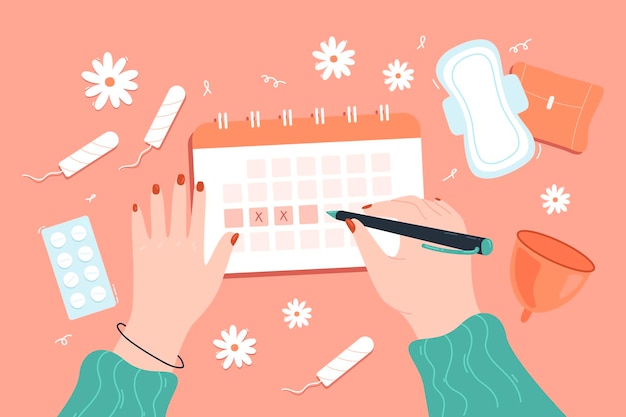 Manos femeninas que marcan los días del período en el calendario. Pastillas contra el dolor de la menstruación, tampones, almohadilla, copa menstrual ilustración vectorial plana. Concepto de menstruación para banner, diseño de sitio web o página de destino.