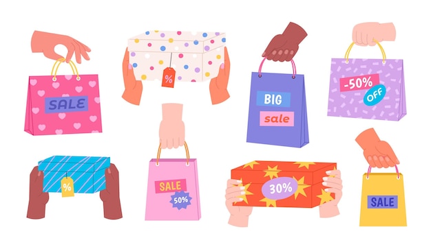 Manos femeninas sosteniendo bolsas de compras de venta Bolsa de cartón de color de tiempo de descuento con pegatinas y insignias Feliz compra clipart vectorial picante