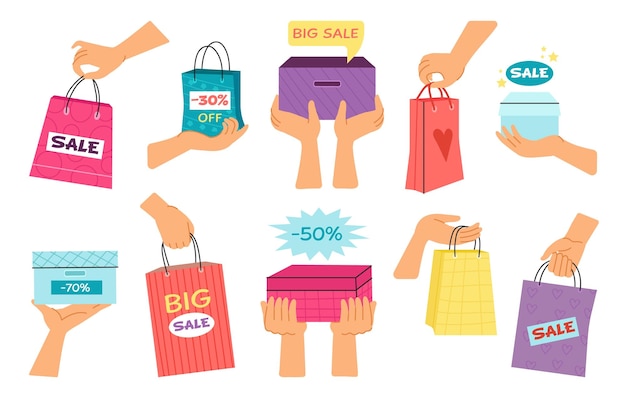 Manos femeninas sosteniendo bolsas de compras de venta Descuento en el comercio minorista las mujeres sostienen una bolsa de papel colorida Regalo decente o presente de la colección de vectores de la tienda de tenencia de compras y consumismo de compras