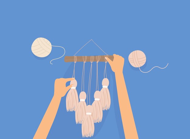 Vector manos femeninas tejiendo macramé sobre fondo azul ilustración vectorial colorida en estilo plano