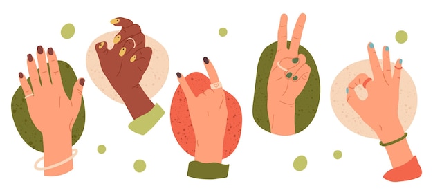 Manos femeninas con uñas cuidadas cuidado de uñas belleza rutina vector ilustración conjunto