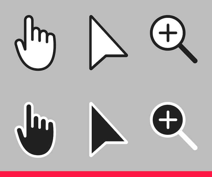 Vector manos de flecha en blanco y negro y lupa sin píxeles iconos del cursor del ratón conjunto de ilustraciones vectoriales