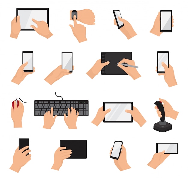 Manos con gadgets vector mano sosteniendo teléfono o tableta ilustración conjunto de caracteres trabajando en dispositivo digital con pantalla táctil smartphone o teléfono celular aislado en blanco