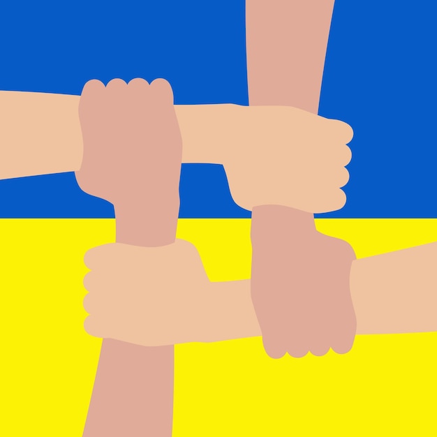 Las manos de la gente apoyan a ucrania cuatro manos abrazándose en el fondo de la bandera
