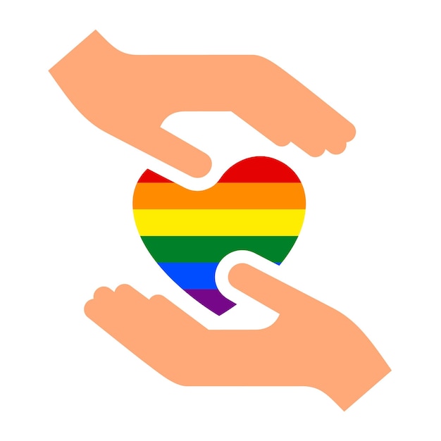 Vector las manos gestan con el corazón y la bandera del orgullo lgbt los dedos dibujados sostienen el símbolo lgbtq