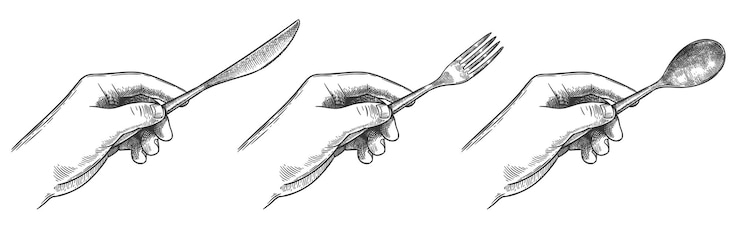 Vector manos grabadas sosteniendo cubiertos