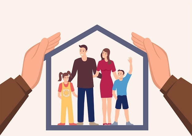 Manos grandes que cubren una casa con una familia feliz dentro del concepto de seguro y atención médica
