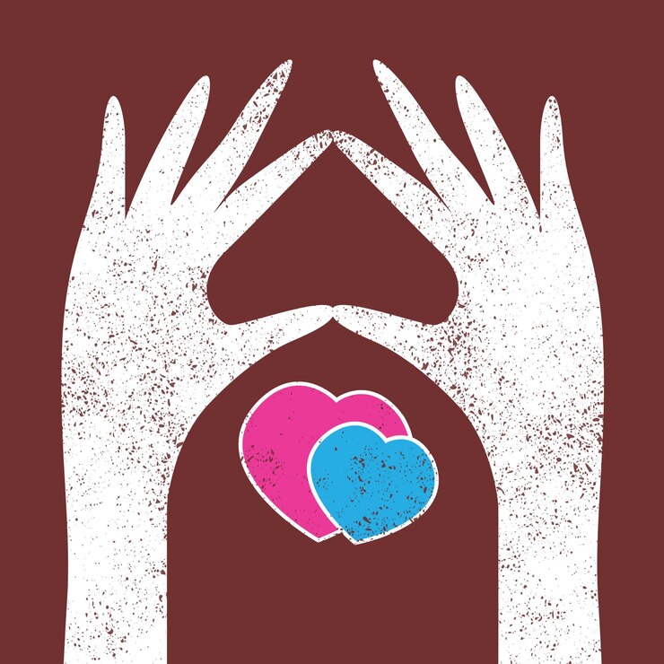 Vector manos de grunge sostienen el icono de corazones, concepto de amor juntos