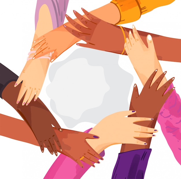 Vector manos de un grupo diverso de mujeres juntando en círculo.