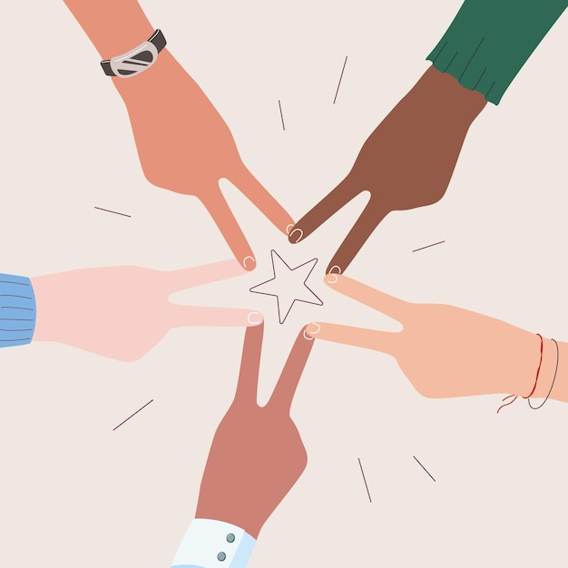 Manos de un grupo diverso de personas que reúnen el concepto de equipo de asociación de apoyo comunitario