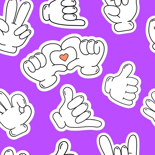 Manos con guantes de dibujos animados patrón sin costuras manos cómicas en guantes brazos retro vectorial