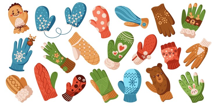 Vector manos y guantes de lana objetos vectoriales de color plano