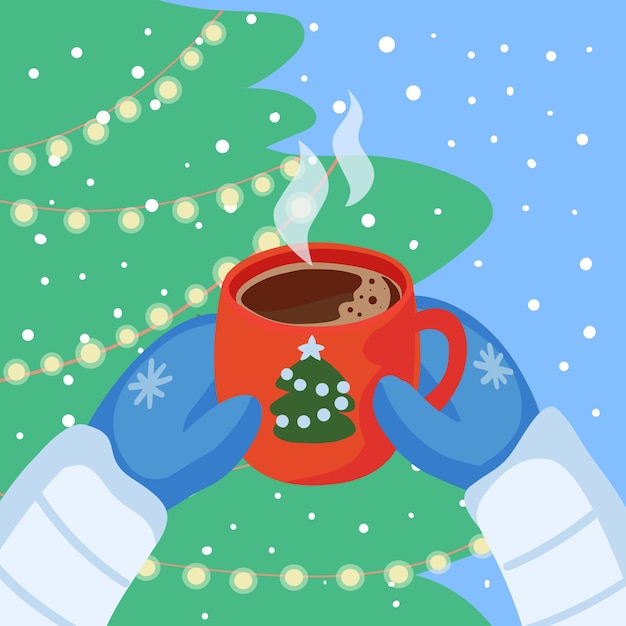 Las manos con guantes sostienen una taza con una bebida caliente de café o chocolate en el fondo de un árbol de Navidad