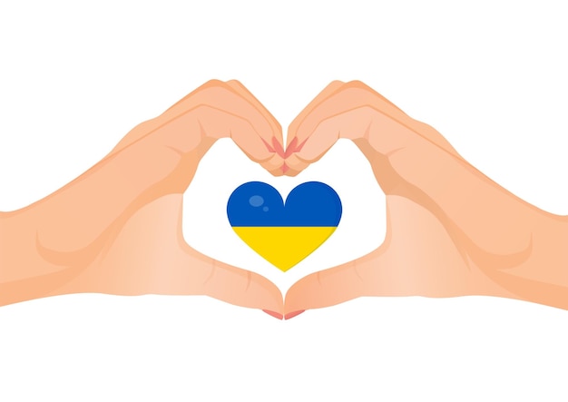 Manos hacen gesto de corazón en apoyo de Ucrania Ilustración vectorial de signo de corazón Bandera ucraniana