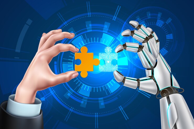 Vector manos de hombre de negocios vector robot con rompecabezas