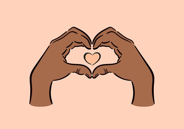 Vector las manos del hombre negro forman un corazón feliz día de san valentín gesto que representa el amor ilustración vectorial en un estilo minimalista incompleto para carteles, postales, banners de sitios web, elementos de diseño peach fuzz
