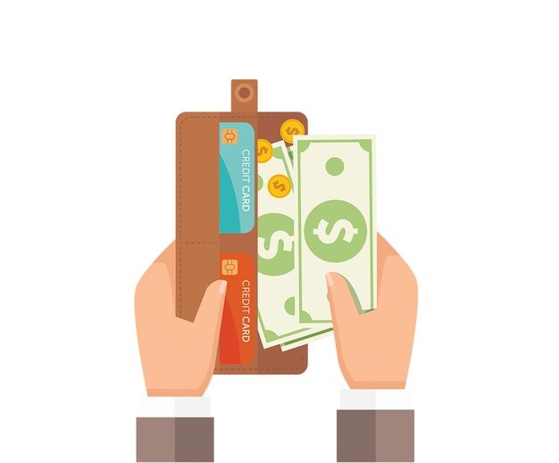 Manos del hombre Sacar los billetes de su billetera