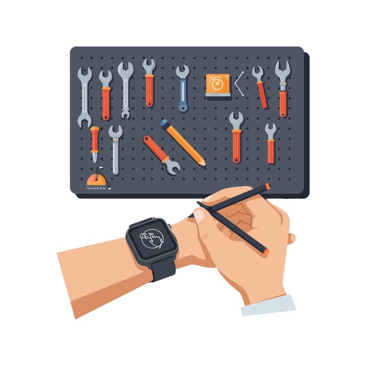 Vector manos humanas ajustando reloj inteligente con pared de conjunto de herramientas organizada con llaves y destornillador ilustración vectorial plana