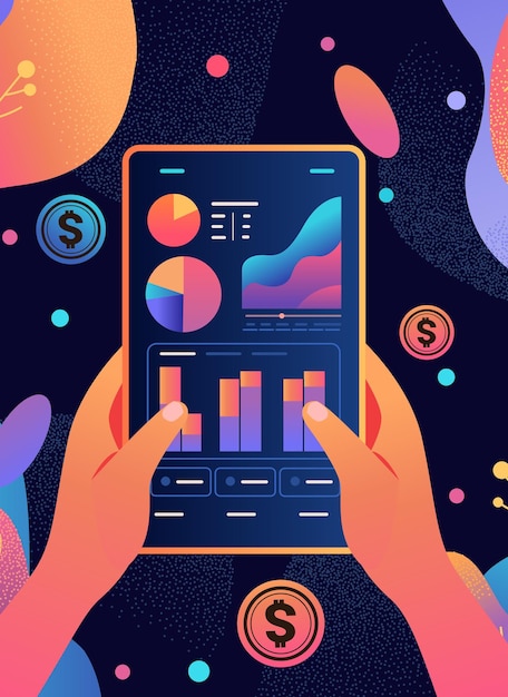 Vector manos humanas analizando gráficos en la pantalla de la tableta banca financiera transformación de la riqueza tecnología fintech negocios inversiones
