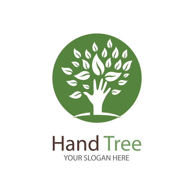 Manos humanas y árbol con hojas verdes. Logo símbolo icono ilustración vector plantilla diseño