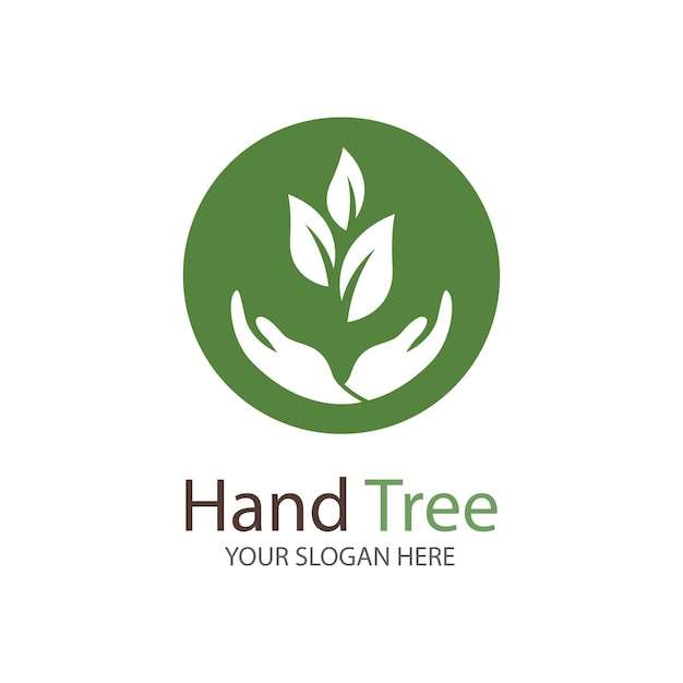 Manos humanas y árbol con hojas verdes. Logo símbolo icono ilustración vector plantilla diseño