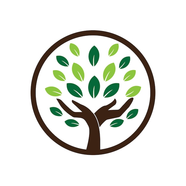 Manos humanas y árbol con hojas verdes.
