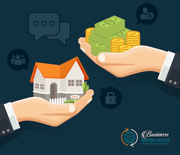 Manos humanas con dinero y construcción de casa