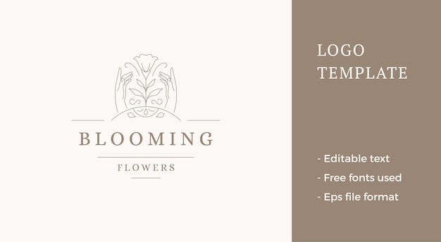 Manos humanas elegantes con narciso floreciente de primavera vector de logotipo de línea de flores rurales silvestres