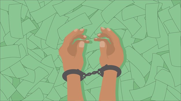 Manos humanas en esposas sobre montones de dinero en efectivo soborno corrupción detener la corrupción