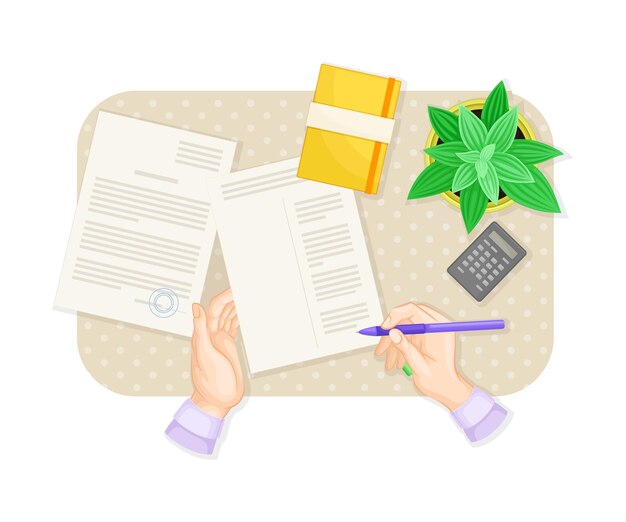 Manos humanas firmando un documento en el escritorio con el bloc de notas y la calculadora apoyadas en él Ilustración vectorial
