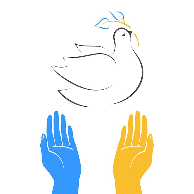 Manos humanas liberan paloma de la paz pájaro volador sosteniendo hoja de olivo símbolo de paz orar por ucrania no hay concepto de guerra apoyar a ucrania línea arte vector ilustración plana