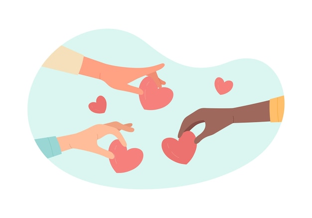 Manos humanas multiculturales con corazones