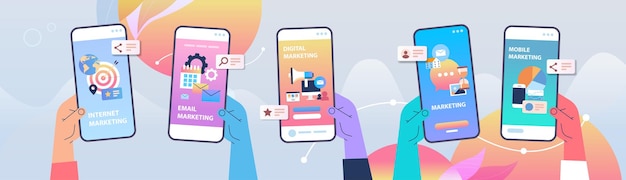 Manos humanas con pantalla de teléfono inteligente concepto de comunicación de marketing digital ilustración vectorial horizontal