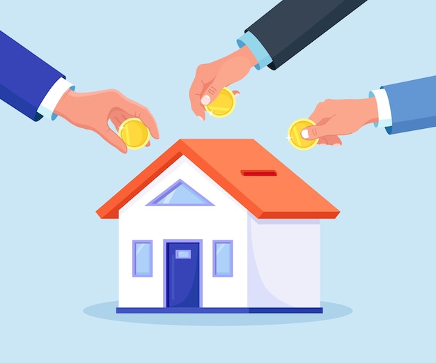Las manos humanas poner monedas en casa es como una alcancía. Gente diminuta comprando casa endeudada. Personas que invierten dinero en propiedades. Préstamo hipotecario, propiedad y ahorro. Inversión inmobiliaria, compra de vivienda