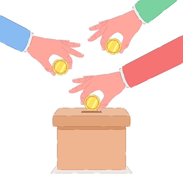 Manos humanas poniendo monedas de oro en la caja Concepto de manos amigas Ilustración vectorial