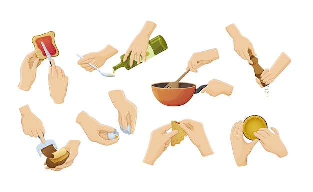 Manos humanas preparando alimentos utensilios de cocina con sopa huevos vierte mantequilla esculpe masa pela patata