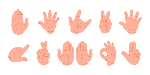 Manos humanas que muestran diferentes gestos de señalización y agitación de icono de conjunto grande ilustración plana vectorial
