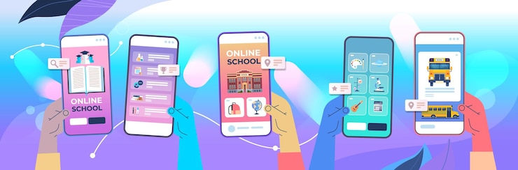 Vector manos humanas que usan la aplicación móvil digital educación a distancia escuela en línea e-learning concepto de distancia social pantallas de teléfonos inteligentes ilustración vectorial horizontal