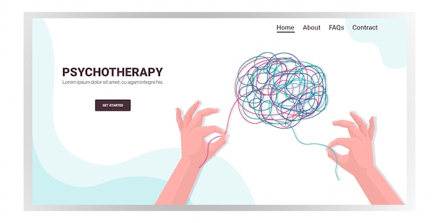 Manos humanas resolviendo problemas en sesiones de psicoterapia cerebral enredadas tratamiento de adicciones al estrés y problemas mentales