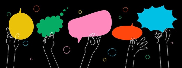 Manos humanas sosteniendo burbujas de habla coloridas Ilustración vectorial dibujada a mano aislada en la parte posterior oscura