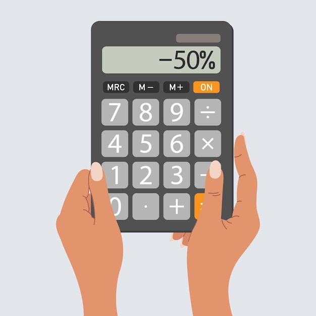 Manos humanas sosteniendo una calculadora de bolsillo realista Teclado para finanzas empresariales electrónicas