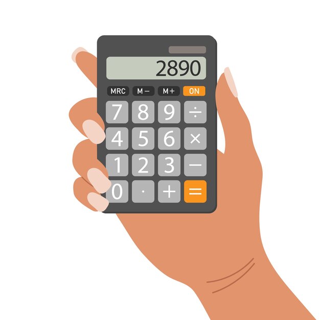 Manos humanas sosteniendo una calculadora de bolsillo realista Teclado para finanzas empresariales electrónicas